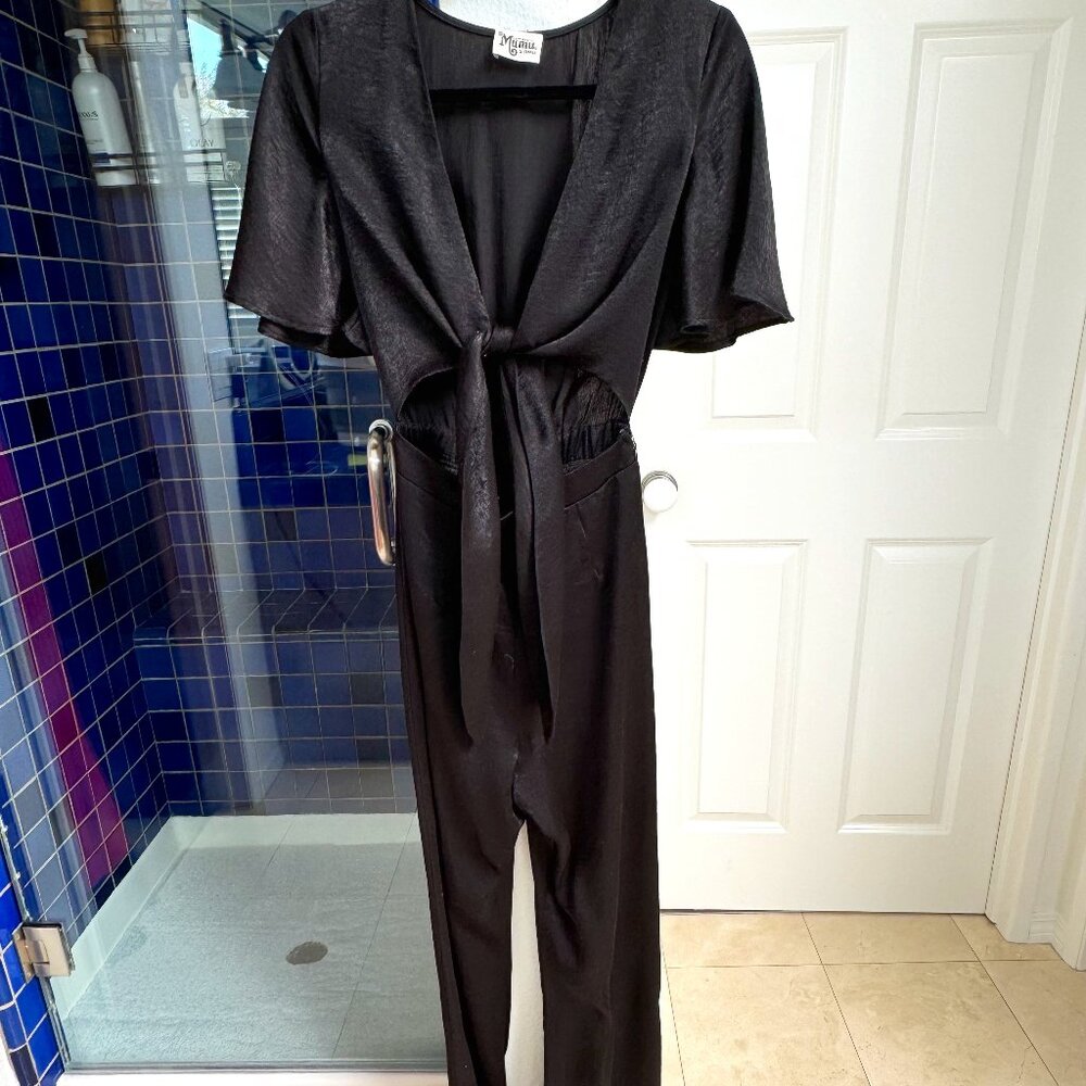 SHOW ME YOUR MUMU XS TIE FRONT JUMPSUIT BLACK SATIN(?)